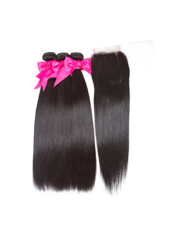  7A Grade Vergin Malaisien Cheveux Humains Droite 4 * 4 Fermeture avec 3 faisceaux de cheveux raides 1b