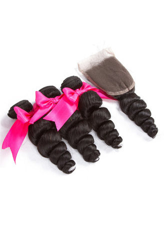 7A Grade malaisienne Vergin cheveux humains lâche vague 4 * 4 fermeture