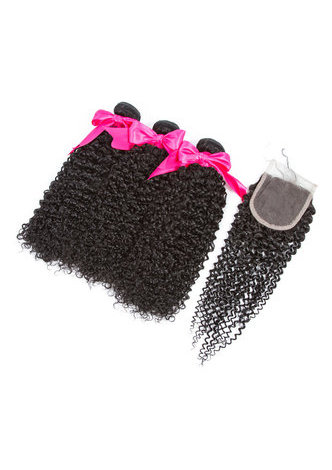 8A Grade Brésilien Vergin Remy Cheveux Humains Crépus Bouclés 4 * 4 Fermeture avec 3 faisceaux de cheveux bouclés Kinky