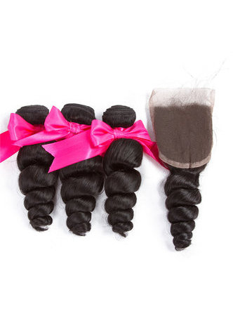 HairYouGo 7A Grade Indian Virgin Human Hair Loose Wave 4*4 Closure with 3 Loose wave hair bundles