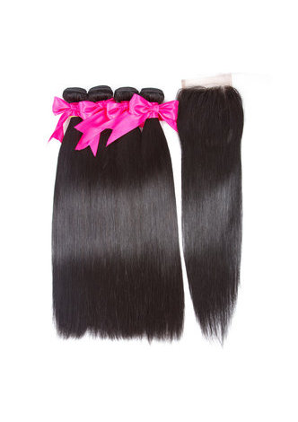 HairYouGo 7A Grade Indian Virgin Human Hair Straight 4*4 Closure with 3 straight hair bundles 1b
