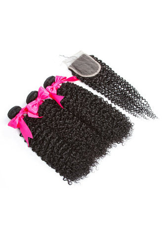 HairYouGo 7A Grade Malaysian Virgin Human Hair Kinky Curly 4*4 Closure with 3 Kinky Curly hair bundles