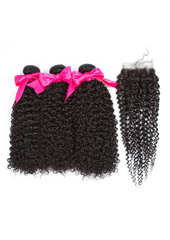 HairYouGo 7A Grade Peruvian Virgin Human Hair Kinky Curly 4*4 Closure with 3 Kinky Curly hair bundles