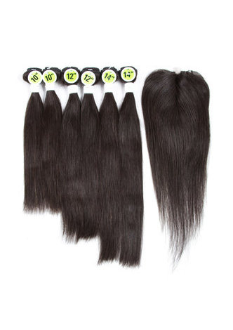 7A Grade Indien Vergin Cheveux Humains Droite 6 Bundles avec Fermeture # 1B Nature Couleur 100g / pc