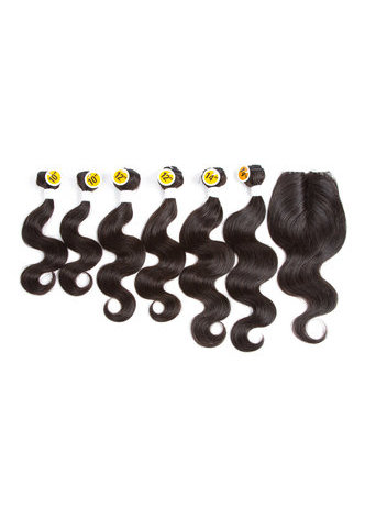 7A Grade Indien Vergin Cheveux Humains Vague de Corps 6 Bundles avec Fermeture # 1B Nature Couleur 100g / pc