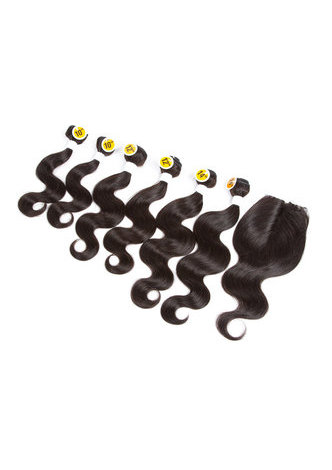 7A Grade Péruvienne Vergin Cheveux Humains Vague de Corps 6 Bundles avec Fermeture # 1B Nature Couleur 100g / pc