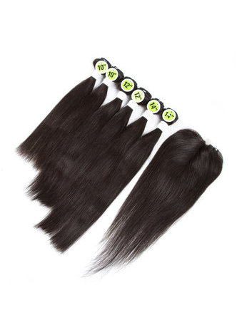 7A Grade malaisienne Vergin cheveux droits 6 Bundles avec fermeture # 1B Nature Couleur 100g / pc