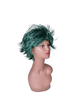  15cm Heat Resistance Party Wigs 1pc Green Black Ombre Mix Short Fluffy Layered Synthetic Cosplay Wigs 4070-2610C