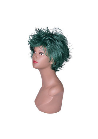  15cm Heat Resistance Party Wigs 1pc Green Black Ombre Mix Short Fluffy Layered Synthetic Cosplay Wigs 4070-2610C