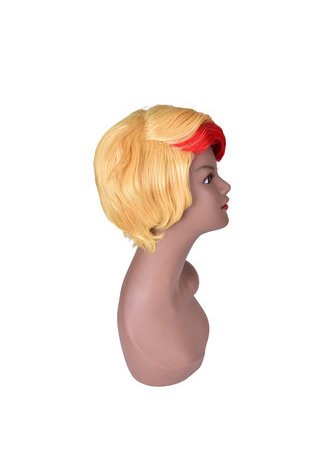  Short Layered Yellow Red Mix Heat Resistance Party Synthetic Hair Cosplay Wigs 18cm Full Wig