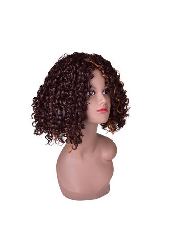  13inch Ombre Brown Afro Kinky Curly Hair Medium Length Synthetic Wigs for Black Women High Temperature Fiber