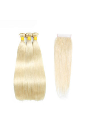 Brazilian Straight Hair #613 Blonde 3 Bundles With Lace Closure 4Pcs Lot Non-Remy Hair Free Shipping