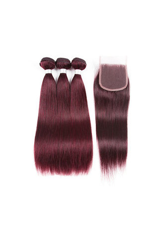 HairYouGo Non-Remy Straight Hair Bundles In Extension Pre-Colored #99J Human Hair Bundles With Closure